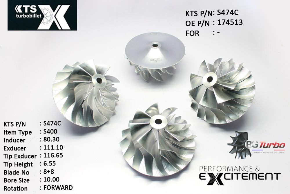 Turbo ROUE FORGÉE MFS PERFORMANCE - 8+8 PALES - INDUCER : 80,3 - EXDUCER : 111,1 - TYPE : S400ANGLE : 45° - ROTATION : Forward - SUPER BACK : 7,55 - BORE SIZE : 10
